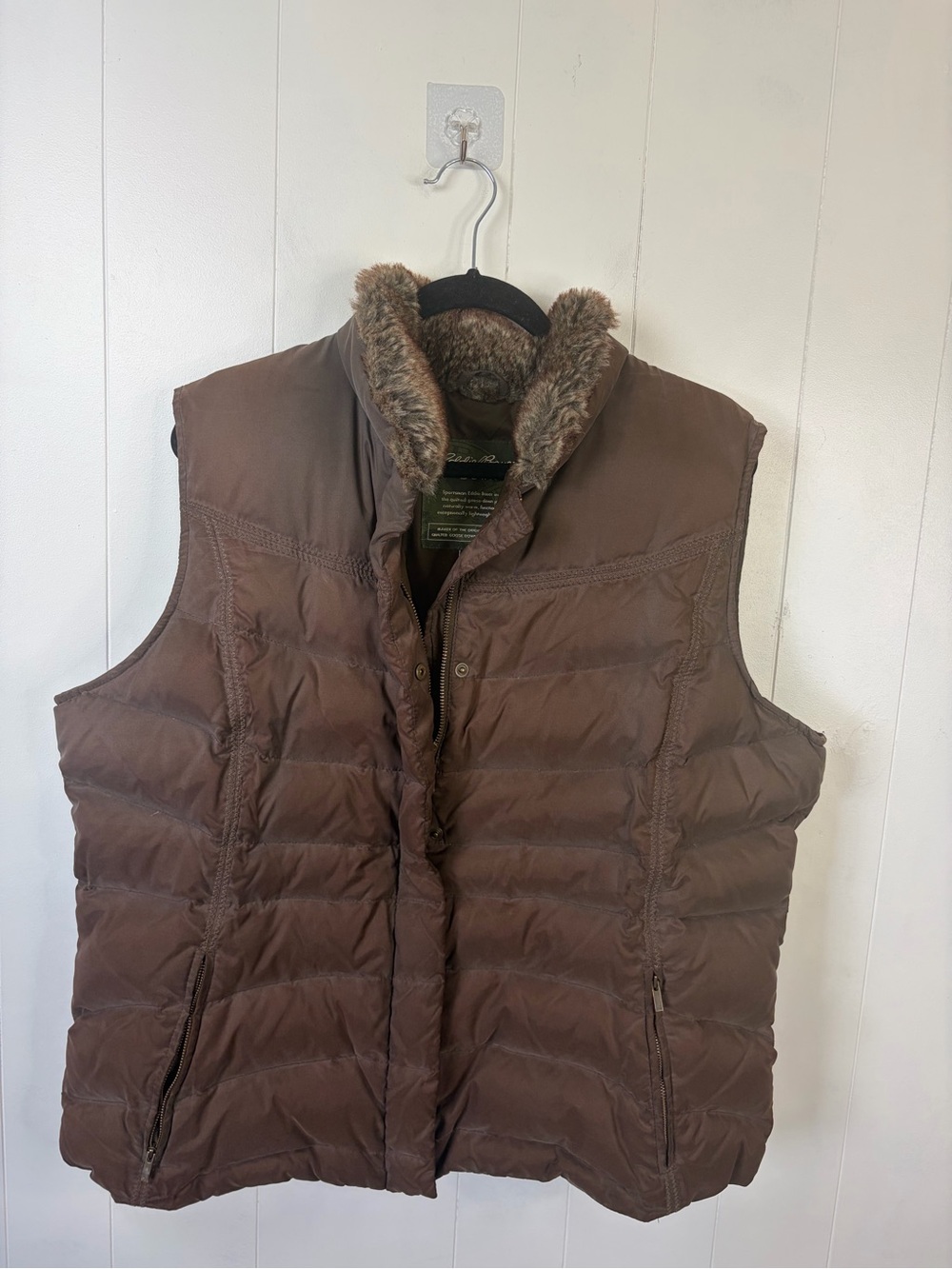 Eddie Bauer Vest Brown Goose Down Insulated Faux Fur Puffer Coat Winter size XXL